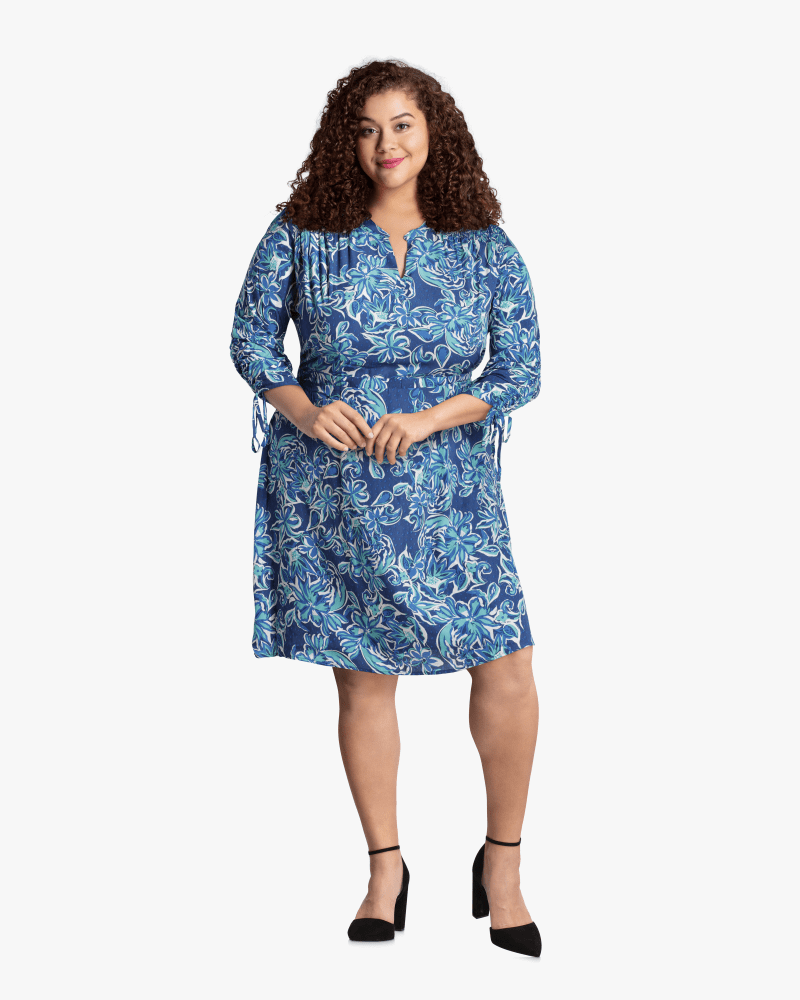 Plus size model with diamond body shape wearing Keene Ruched Sleeve Dress  by Molly&Isadora | Dia&Co | dia_product_style_image_id:115236